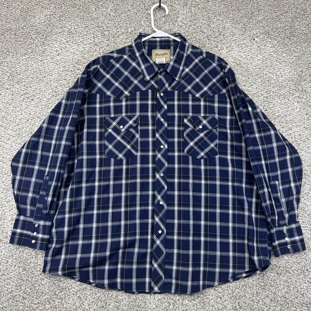 Wrangler Western Pearl Snap Shirt Men's Size 2XL XXL Big Blue Plaid Long Sleeve